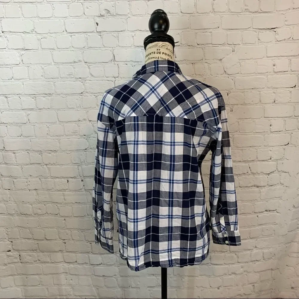 J Crew Step Hem Button Down Shirt PS Cotton Stretch Blue Plaid Long Sleeve